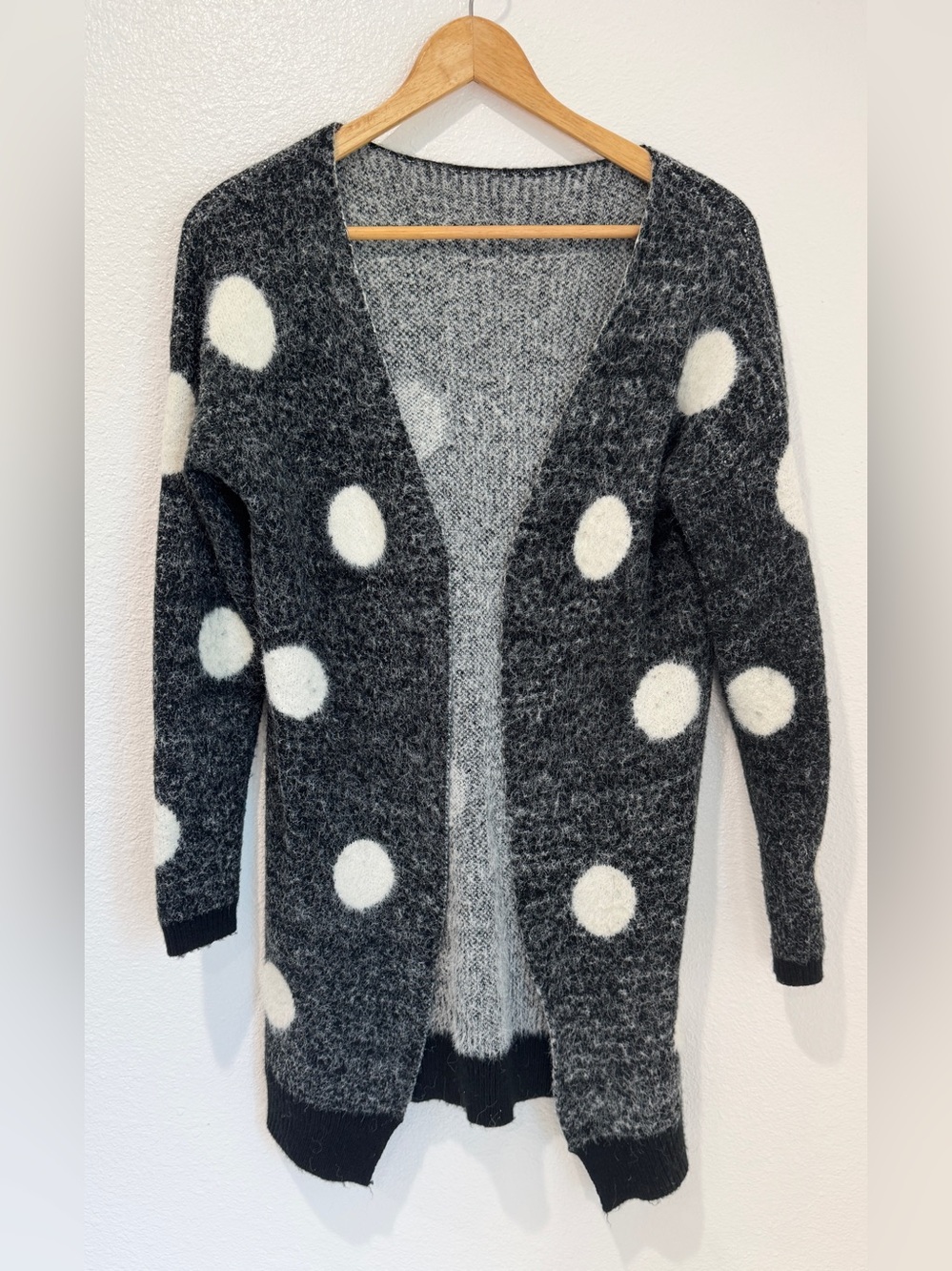 Polka Dot Fuzzy Knit Open Front Long Cardigan Sweater Soft Girl Whimsigoth M